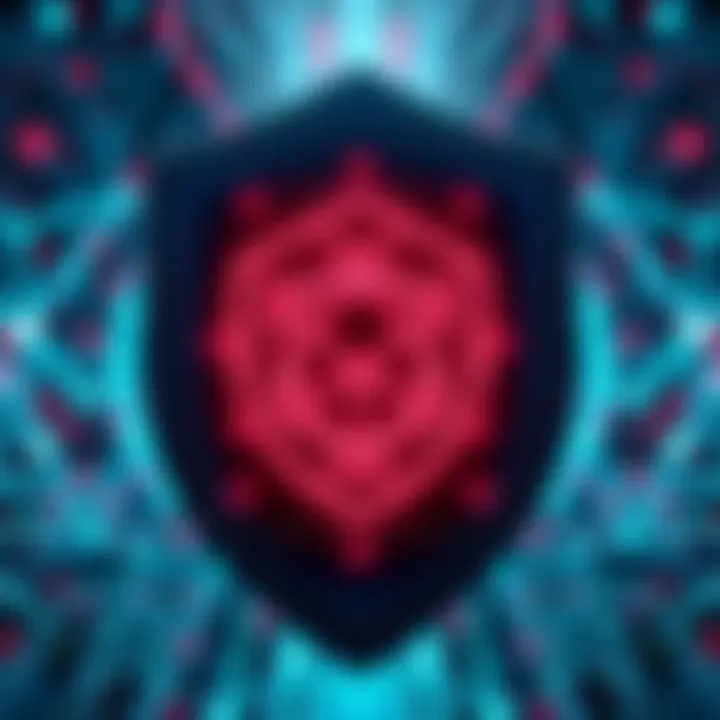 A digital shield symbolizing Cardano's robust security measures against network threats, featuring a backdrop of blockchain technology elements.