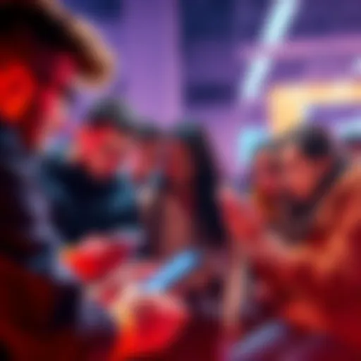 A group of people engaged in a discussion about Cardano, some looking concerned, others sharing information on their devices.