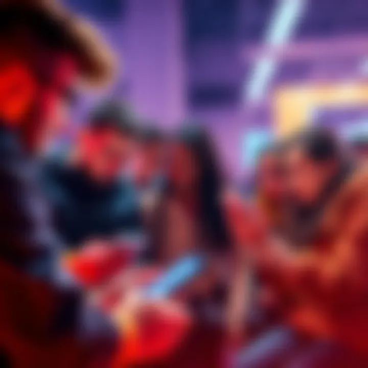 A group of people engaged in a discussion about Cardano, some looking concerned, others sharing information on their devices.