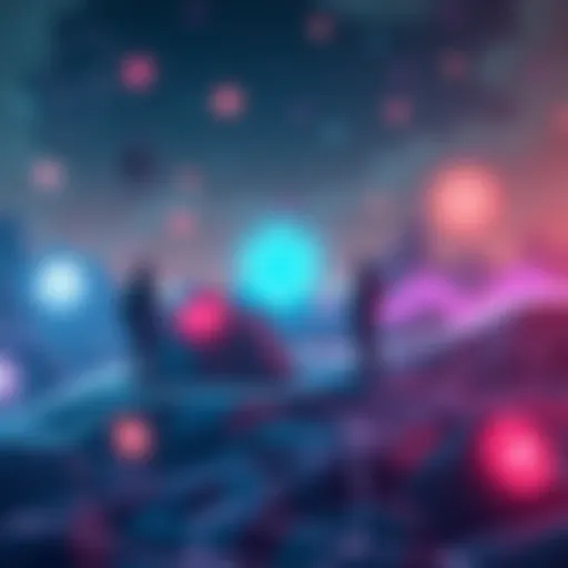 Cardano and GhostClaws Buzz Illustration showing a digital landscape with symbols of Cardano and GhostClaws, surrounded by people discussing rumors and insights.