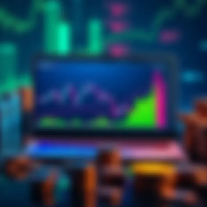 Cardano Investment Trends A graph showing Cardano price trends with upward and downward fluctuations, a laptop displaying cryptocurrency charts, and stacks of coins in the background.