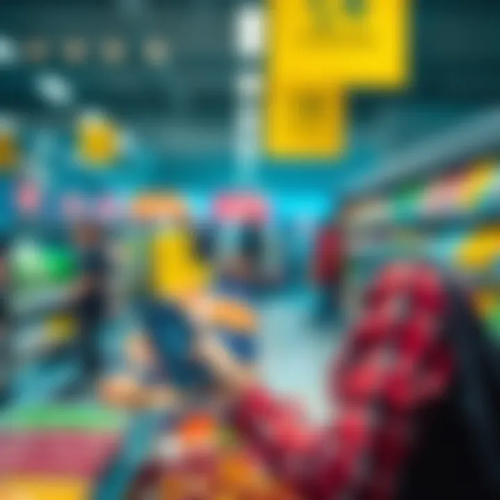 A shopper using a smartphone to make a blockchain payment at a supermarket checkout, with a Cardano logo visible on the screen.