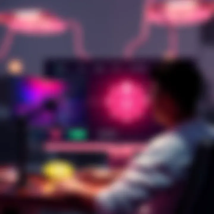 A beginner reviewing staking options in Cardano, surrounded by visuals of ADA coins and a computer screen showing staking pools.
