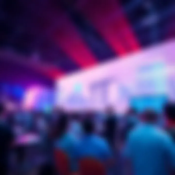 A vibrant scene showcasing the Cardano Summit with attendees discussing blockchain innovations in Singapore.