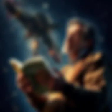 Carl Sagan holding his book 'Cosmos' while looking at the stars