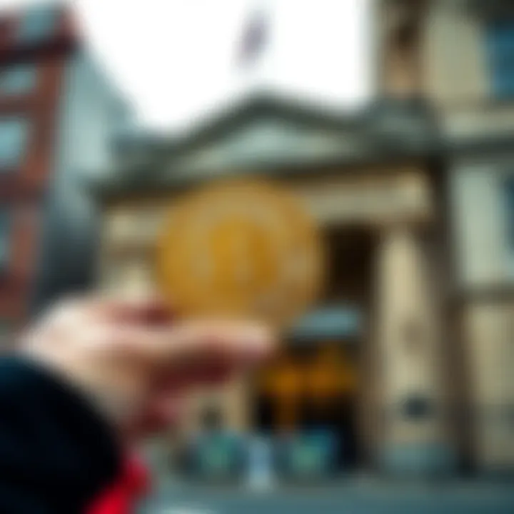 A person holding a Bitcoin coin with a bank building in the background, representing cashing out Bitcoin for GBP.
