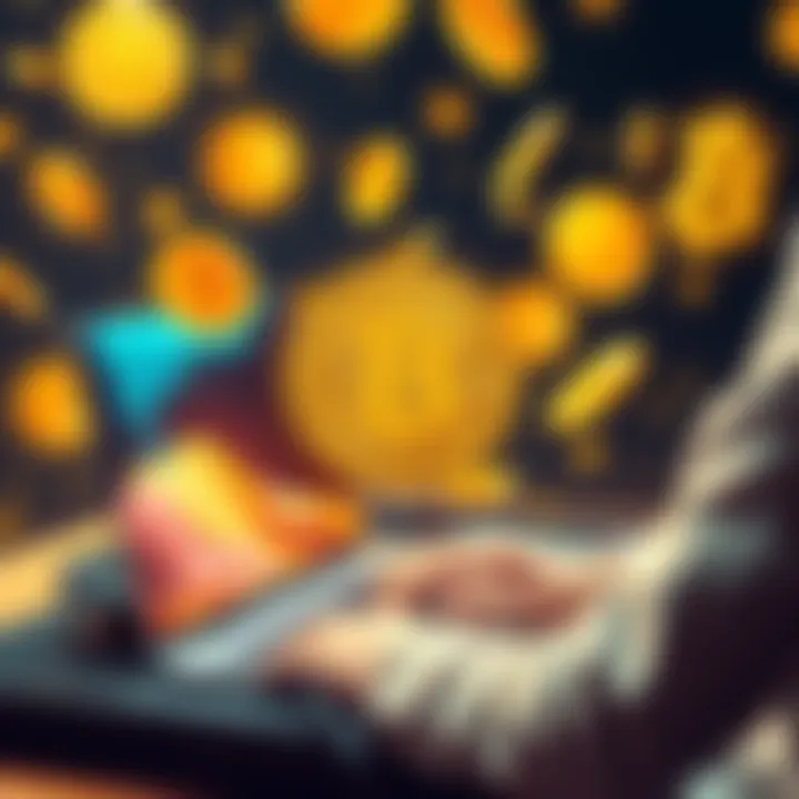 A person using a laptop to cash out Bitcoin without KYC verification, surrounded by digital currency symbols.