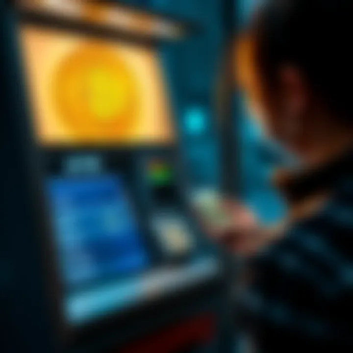 A person using a Bitcoin ATM to convert cash into Bitcoin, with a digital wallet displayed on their phone.