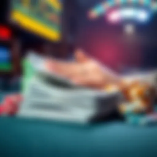 A stack of cash beside colorful gambling chips on a table, representing winnings from online gambling.