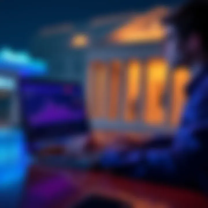 Cash-Out Challenge A person analyzing rising Ethereum charts on a laptop with a bank in the background