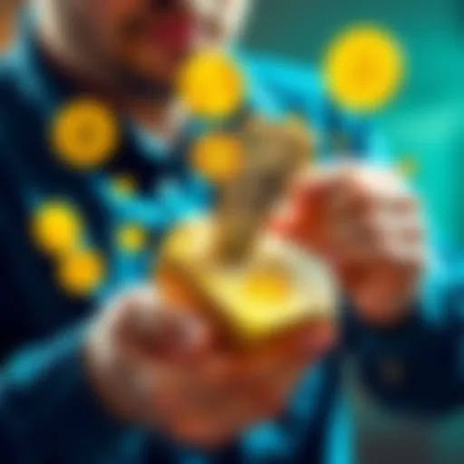 A person counting cash with cryptocurrency symbols around them, showing the transition from digital assets to cash.