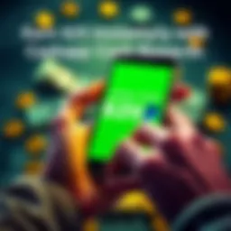 A person holding a smartphone displaying Cashapp or PayPal, with cash and coins around them, symbolizing instant cash rewards