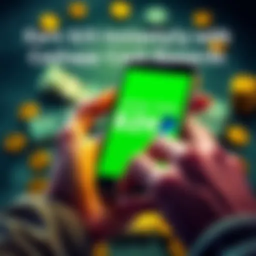A person holding a smartphone displaying Cashapp or PayPal, with cash and coins around them, symbolizing instant cash rewards