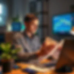 Cash Strategy during Market Volatility A calm person reviewing financial charts and cash reserves in a home office, highlighting strategic buying points during market fluctuations.