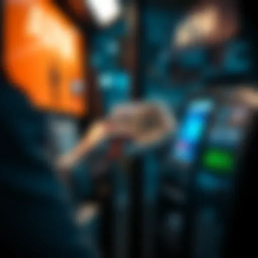 A person handing cash to a cashier at a Bitcoin ATM in the UK for a discreet transaction.