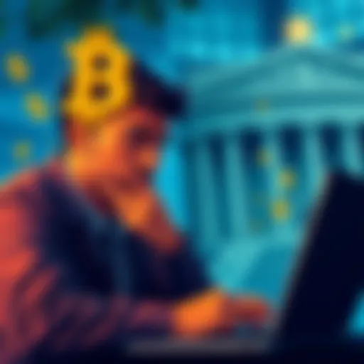 A person looking confused while checking their Bitcoin account on a laptop, with dollar signs and a bank building in the background.