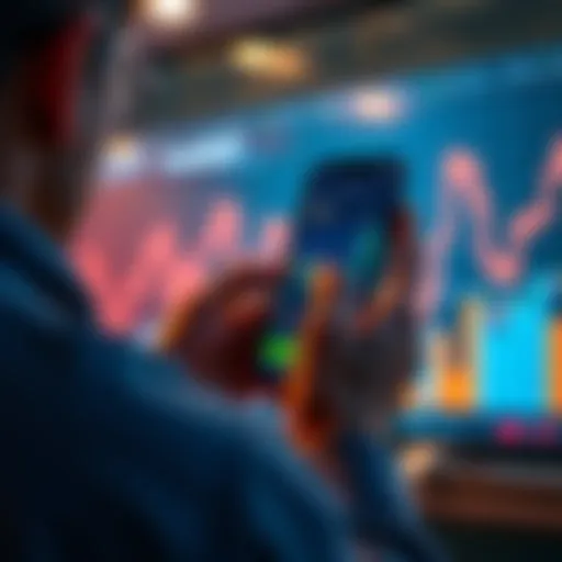 A person checking their memecoin balance on a smartphone, with a chart showing market trends in the background.