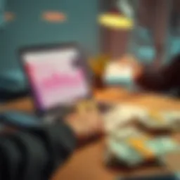 Person transferring Solana cryptocurrency to a Binance account on a laptop, with cash and ETFs visible on the desk