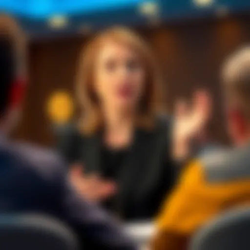 Cathie Wood presenting Bitcoin's advantages as a rule-based currency over Ethereum in a conference setting.
