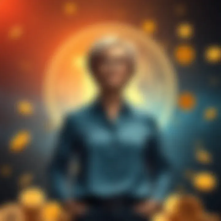 Cathie Wood stands confidently, with Bitcoin icons around her and a fading AI symbol, showcasing her bold investment shift.