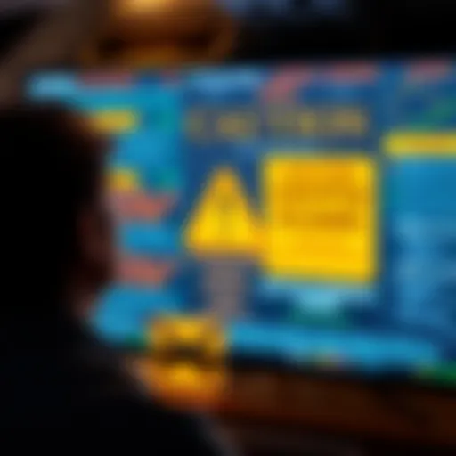 A person looking at a screen with warning signs about cryptocurrency scams