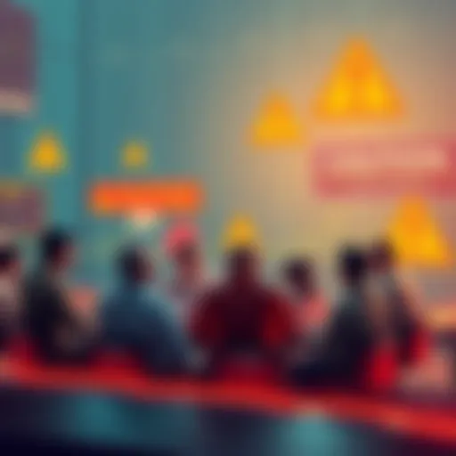 A group of people discussing cryptocurrency on a digital forum, highlighting caution in trading with warning signs in the background.