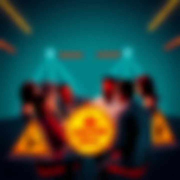 A group of people discussing cryptocurrency trading tips with caution signs around them.