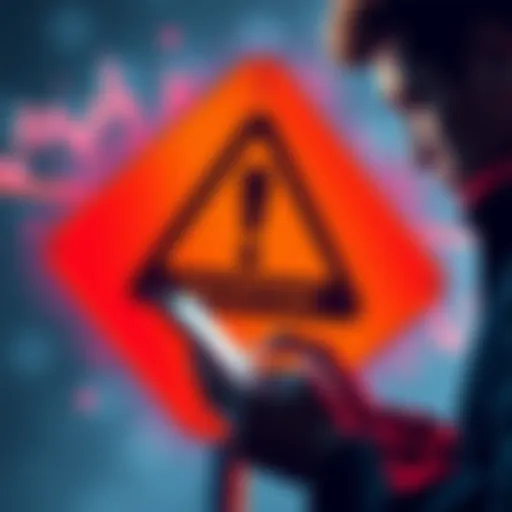 A graphic showing a warning sign with cryptocurrency symbols and a person checking their phone cautiously.