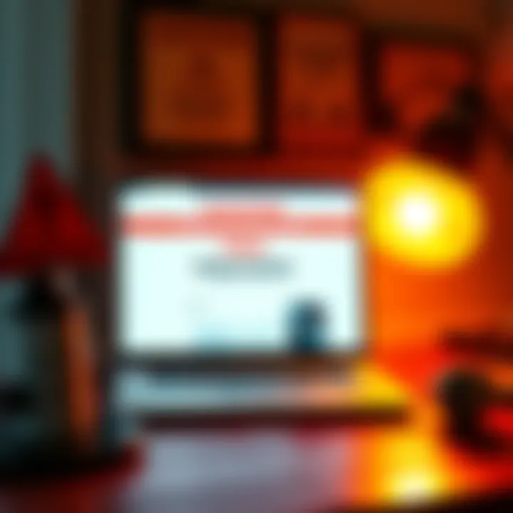 A caution sign warning people about online scams, with a laptop on a desk showing a suspicious website that looks like Polymarket