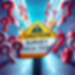 A caution sign surrounded by various survey question marks, warning people to be careful with surveys