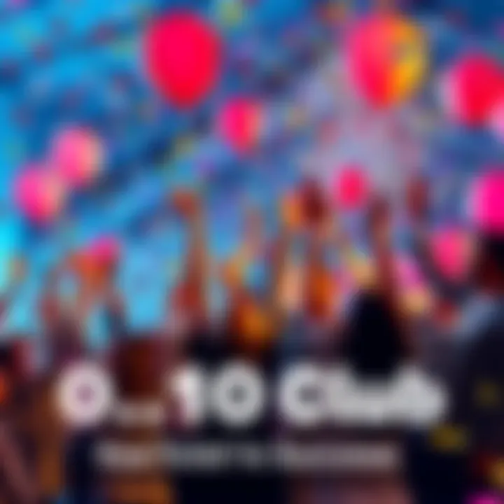 A group of people celebrating together with balloons and confetti, representing achievement and community in the 0.10 Club
