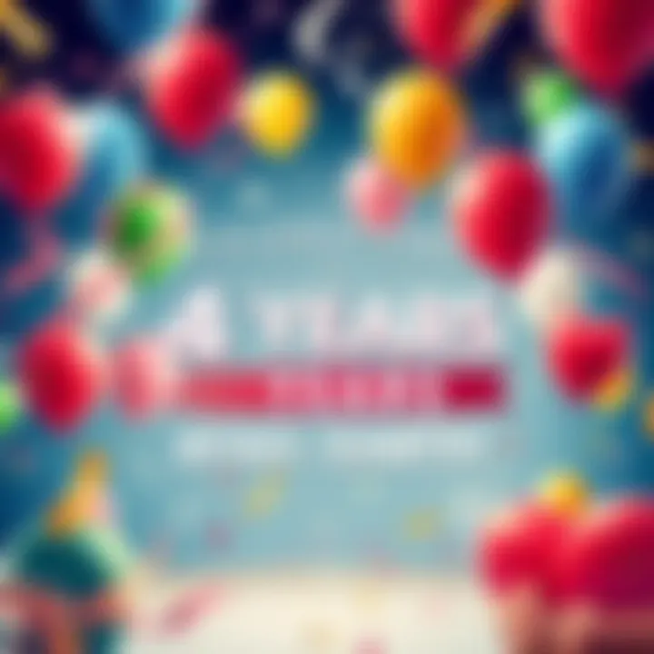 A festive scene with balloons and confetti for ATLAS:EARTH's 4th anniversary celebration