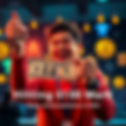 A person joyfully holding $100 with badges in the background representing achievements