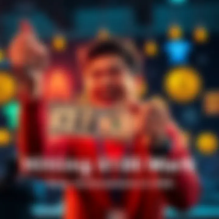 A person joyfully holding $100 with badges in the background representing achievements