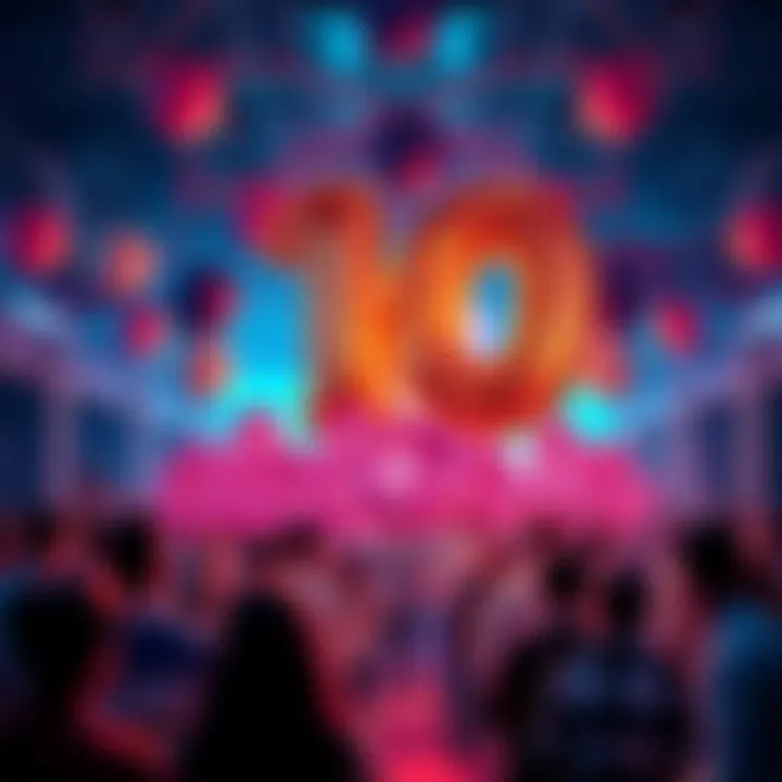Celebrating 10 Years of Crypto A festive gathering with people celebrating ten years of cryptocurrency, featuring balloons and banners that say '10 Years of Crypto'.