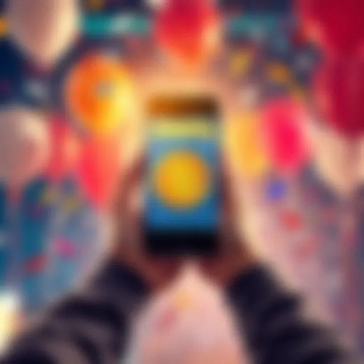 A person holding a phone with a Bitcoin wallet showing 1 BTC, surrounded by confetti and balloons, expressing joy and excitement.