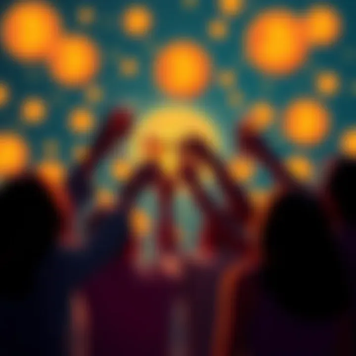 A group of friends raising their glasses in celebration, with Bitcoin symbols in the background, representing gratitude for those who introduced them to cryptocurrency.