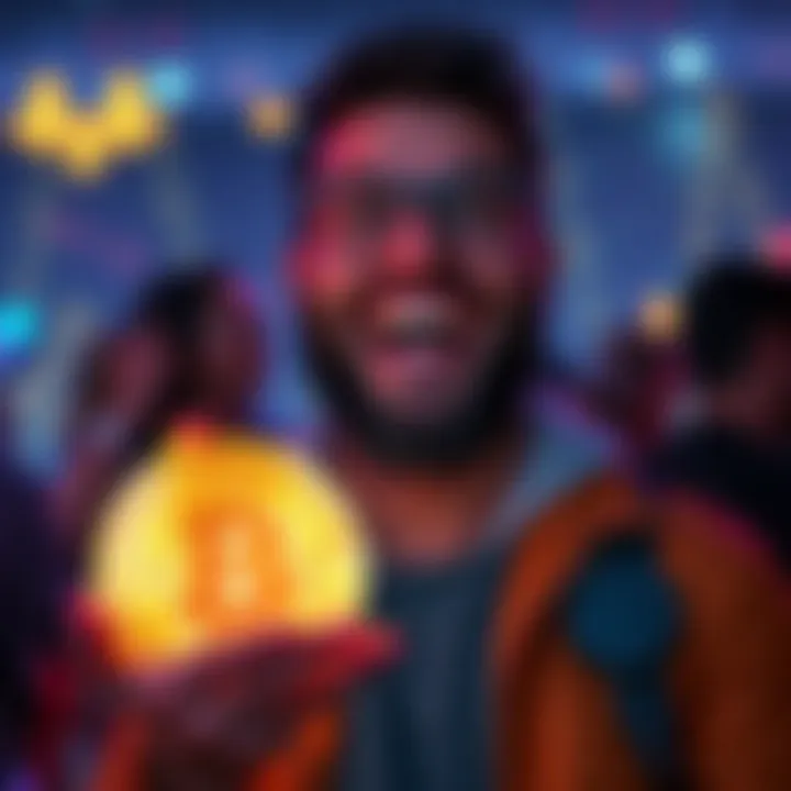 A person smiles with excitement holding a Bitcoin symbol, representing their achievement of reaching 100,000 satoshis.