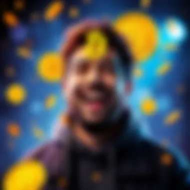 Person celebrating reaching 0.5 BTC with a happy expression and Bitcoin symbols around
