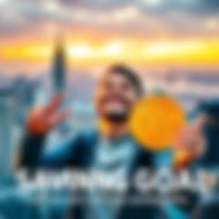 Celebrating Bitcoin Savings Goal A joyful person holding a Bitcoin symbol and smiling, celebrating reaching a financial milestone, with a background of a city skyline.