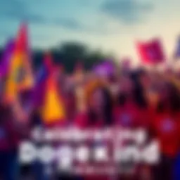 A group of people gathered to celebrate Dogekind, holding banners and wearing themed merchandise, enjoying a festive atmosphere.