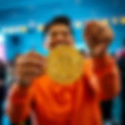 Individual with a big smile holding a Bitcoin symbol, representing achievement