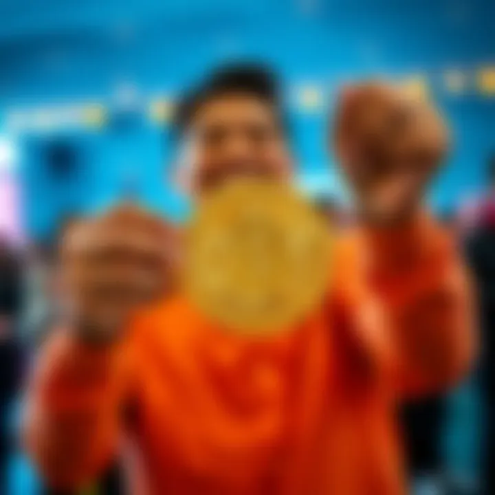 Individual with a big smile holding a Bitcoin symbol, representing achievement