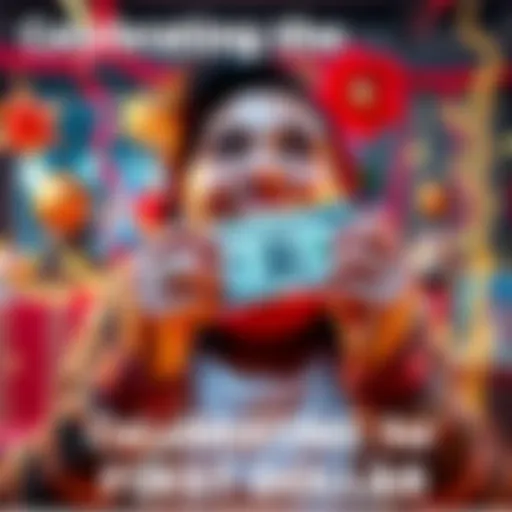 A joyous person holding their first dollar with a big smile, surrounded by festive decorations, expressing excitement for future achievements.