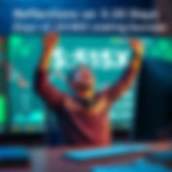 A joyful individual celebrating in front of a computer screen after completing a long-term $HEX stake, showing excitement and pride.