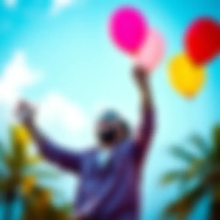 A person joyfully celebrating their successful migration with a globe and balloons in the background
