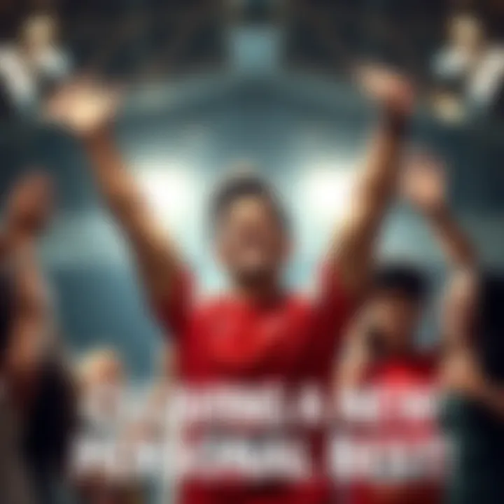 A person joyfully celebrating their new personal best achievement with arms raised and a big smile, surrounded by supportive friends.