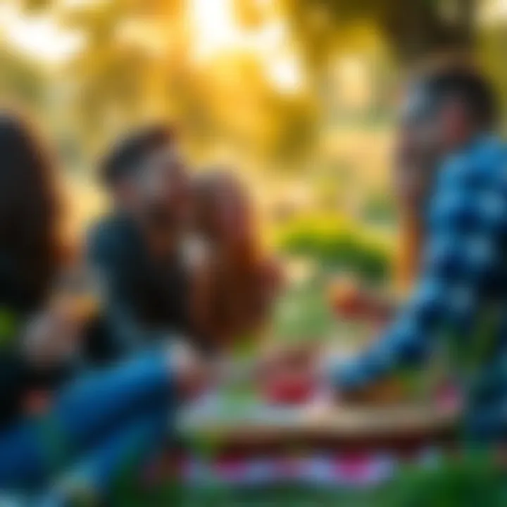 A group of friends laughing and enjoying time together at a picnic, surrounded by nature and good food.