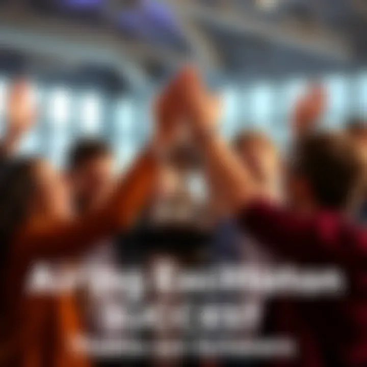 A group of people smiling and high-fiving each other while holding a trophy, expressing joy and accomplishment after achieving their goals.