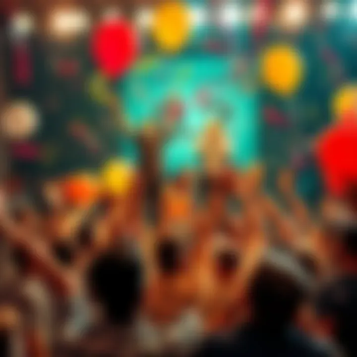 People celebrating a milestone with balloons and confetti, showcasing excitement and success in a group setting